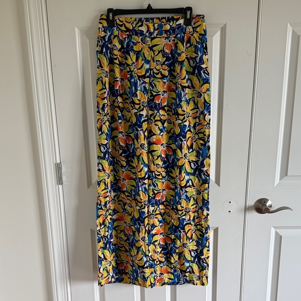Skies are Blue Rayon/Nylon Floral Wide Leg Pants in Blue and Yellow Size Medium